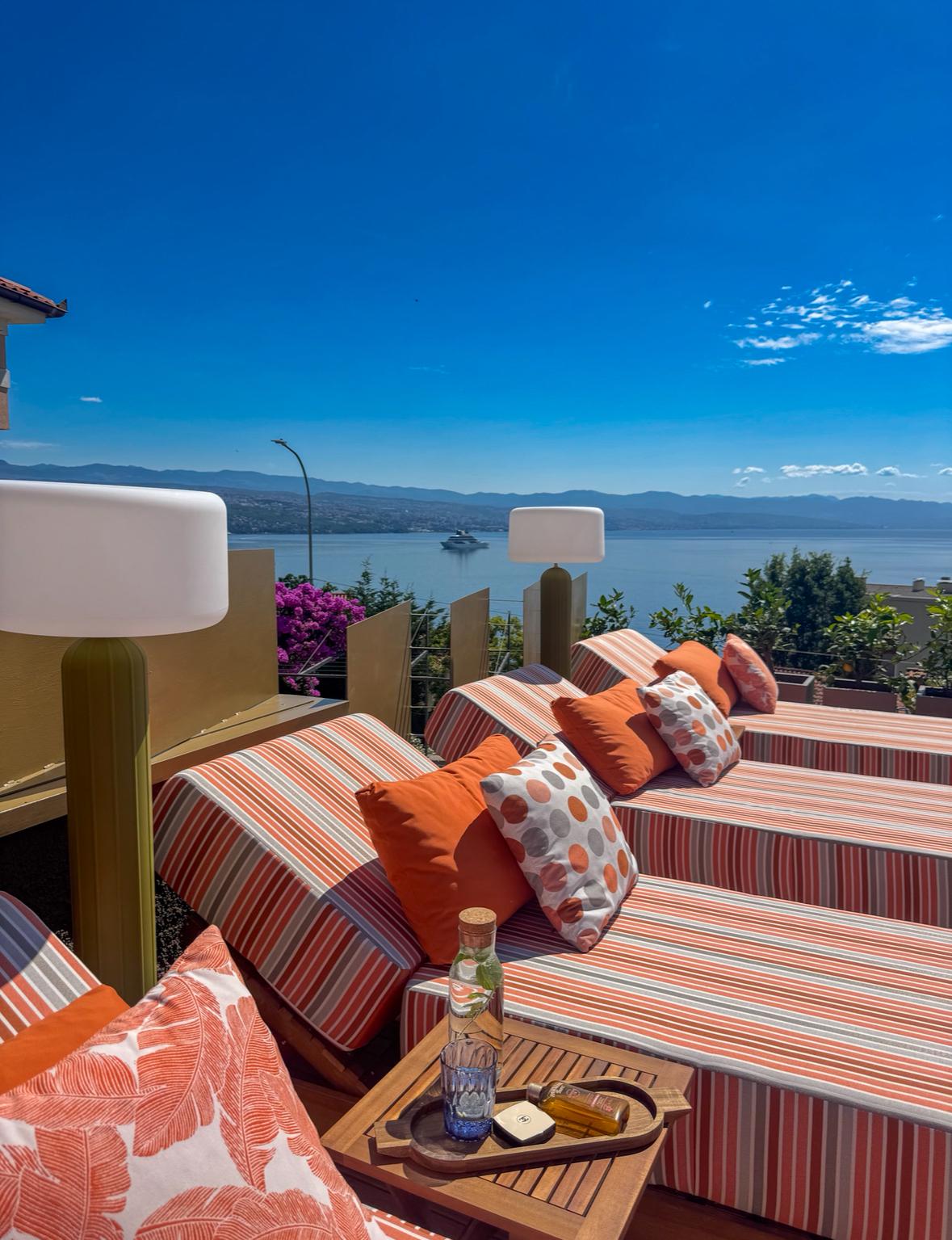 Terrace sun loungers with panoramic view of the Adriatic and Kvarner Bay near Rijeka